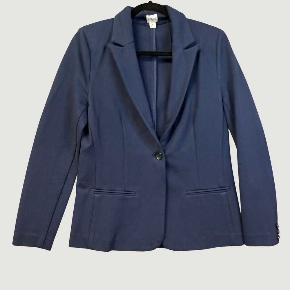 J.Crew Womens Navy Blue Single Button Knit Blazer Jacket Size 6 Notch Lapel